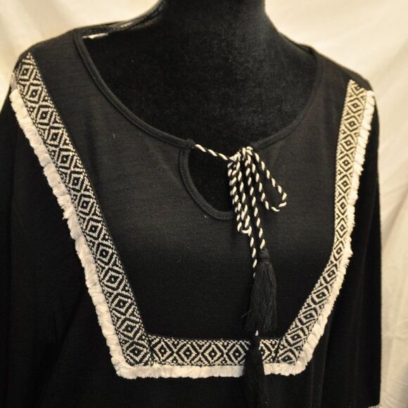 Style & Co L Black Embroidered Bib Tie Neck Blouse NEW - Picture 2 of 3
